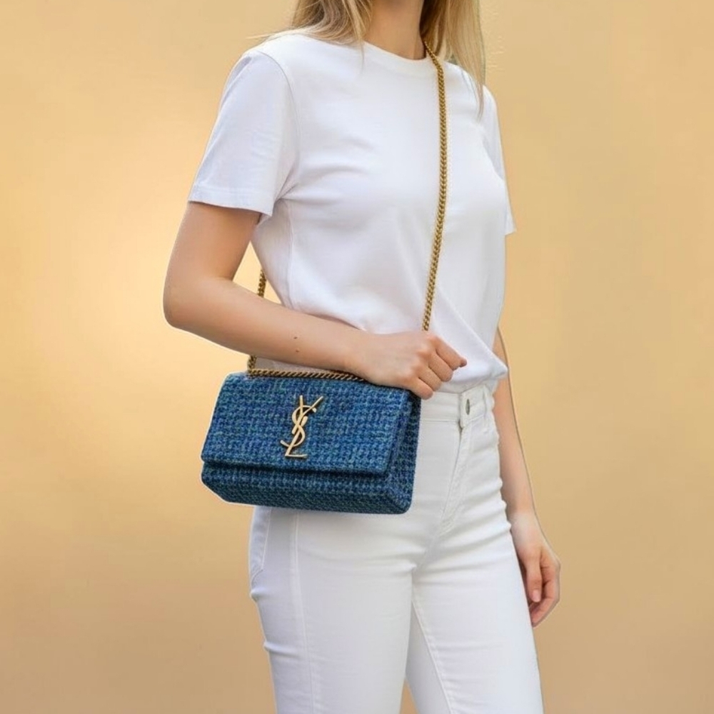 ✨️Authentic Saint Laurent Kate Small Chain Bag in Blue tweed  - Picture 2 of 16